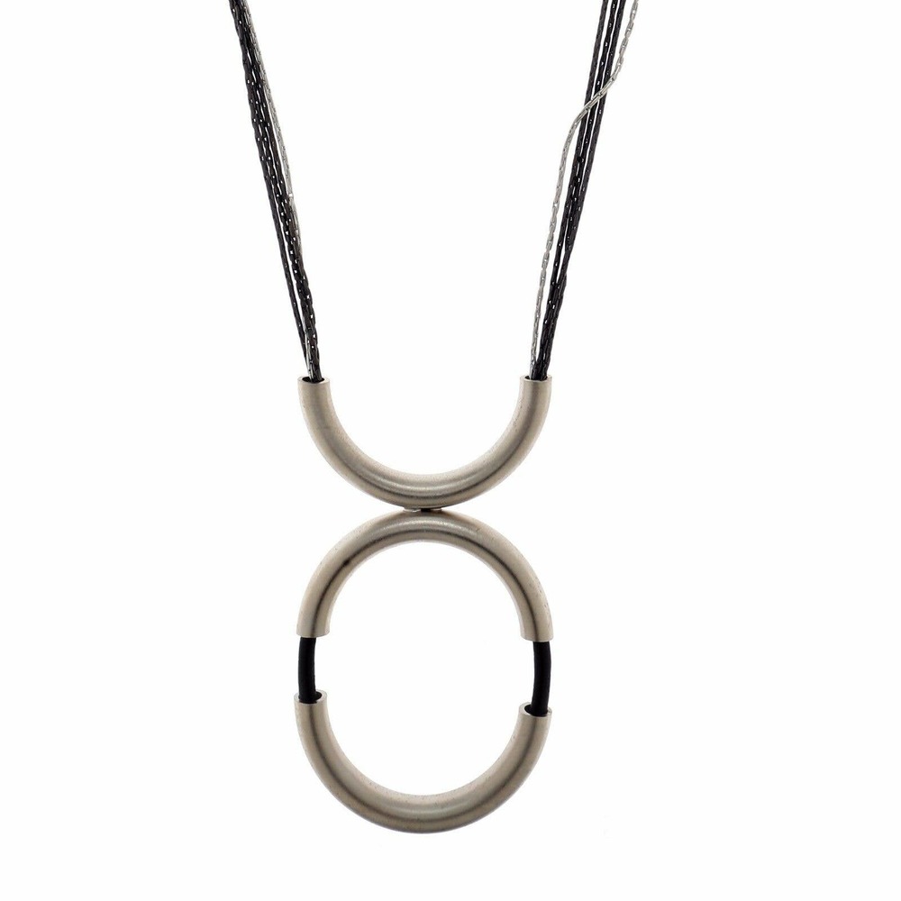 HAGAR SATAT Silver & Gunmetal Oval on Black Leather 4 Strand Necklace NWT